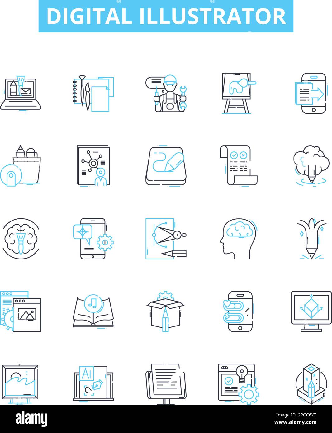 Symbole für Vektorlinien des digitalen Illustrators festgelegt. Digital, Illustrator, Designer, Künstler, Vektoren, Grafiken, Software-Illustration umreißen Konzeptsymbole Stock Vektor