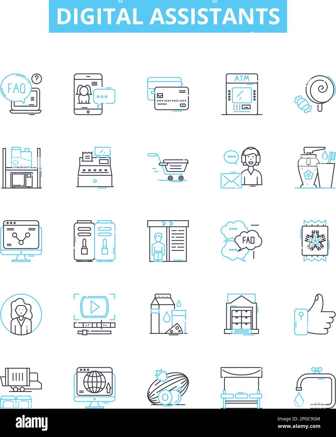 Vektorlinien-Symbole für digitale Assistenten wurden eingestellt. AI, Chatbot, Cortana, Alexa, Siri, Assistent, digitale Illustration umreißen Konzeptsymbole und -Zeichen Stock Vektor