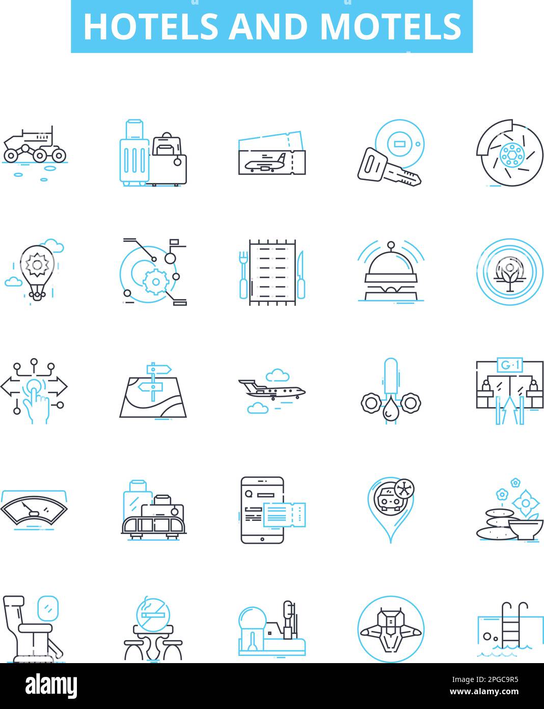 Hotels und Motels werden mit Vektorlinien-Symbolen versehen. Unterkünfte, Unterkünfte, Inns, Resorts, Suiten, Motels, Hostels Illustration umreißt Konzeptsymbole und Stock Vektor