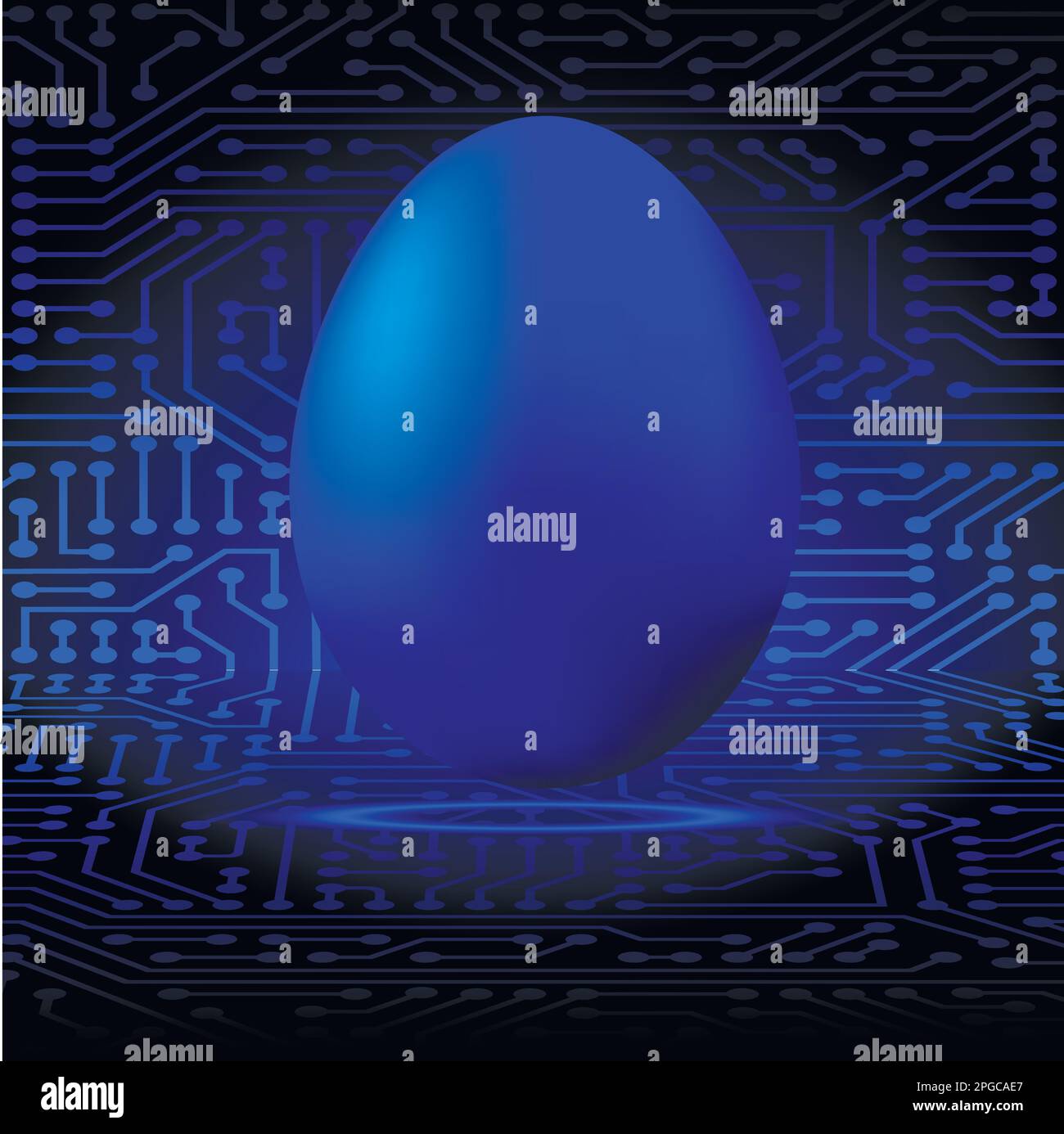 Frohe ostern. Blaues leuchtendes Ei auf dem Hintergrund einer Leiterplatte. Vektordarstellung. Stock Vektor