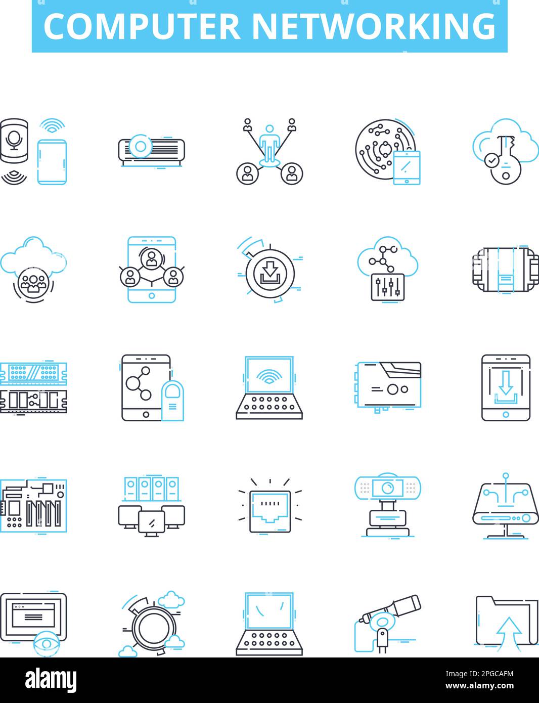 Vektorliniensymbole für Computernetzwerke eingestellt. Netzwerk, Computer, Ethernet, TCP/IP, Wi-Fi, Router, Umrisszeichnung umrissen Konzeptsymbole und Stock Vektor