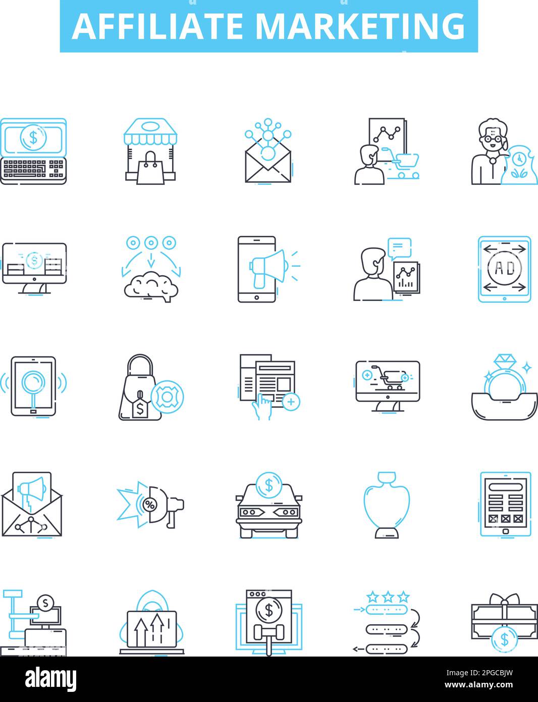 Affiliate-Marketing-Vektorlinien-Symbolsatz. Affiliate, Marketing, Netzwerk, Online, Provision, Programm, Kontursymbole für digitale Illustration Stock Vektor