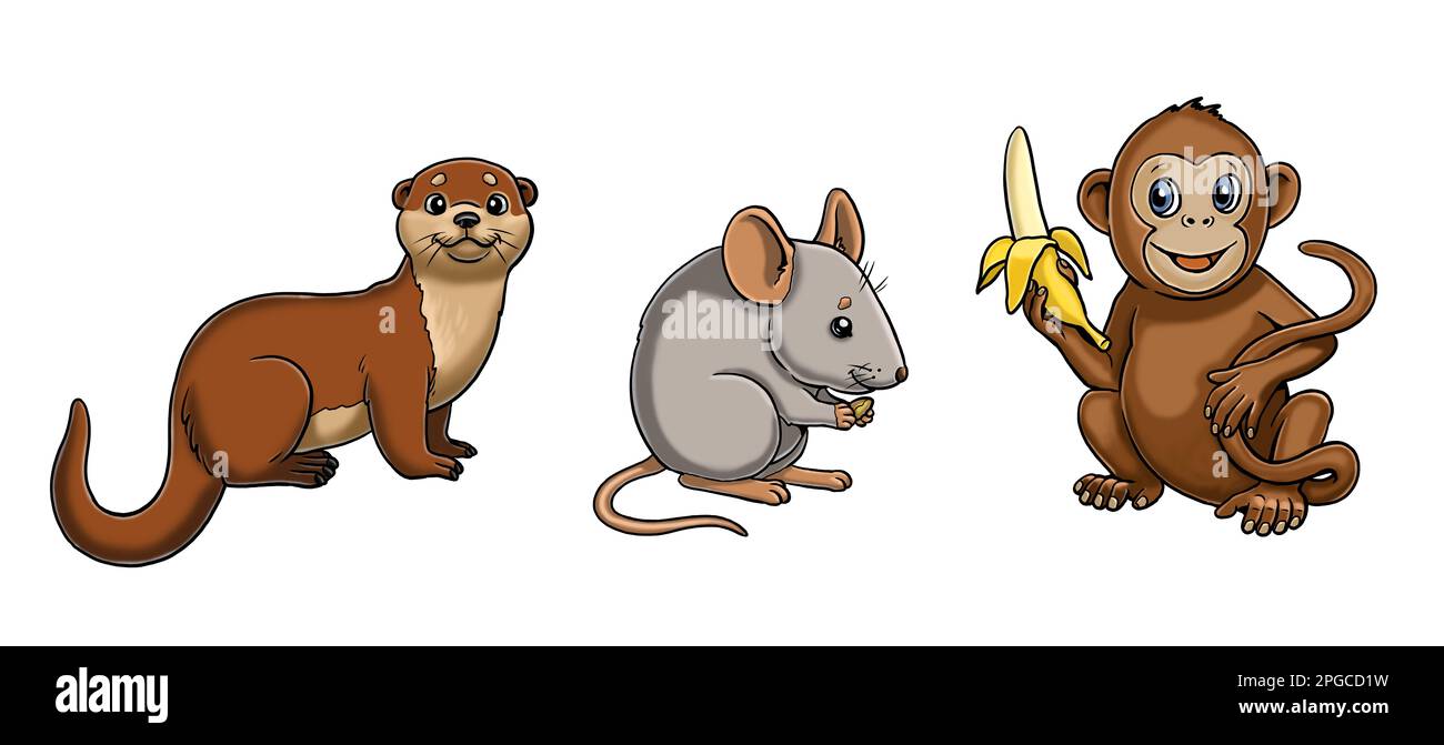 Süßer Otter, Maus und Affe. Isolierte Schablone mit lustigen und glücklichen Tieren. Malseite für Kinder. Stockfoto