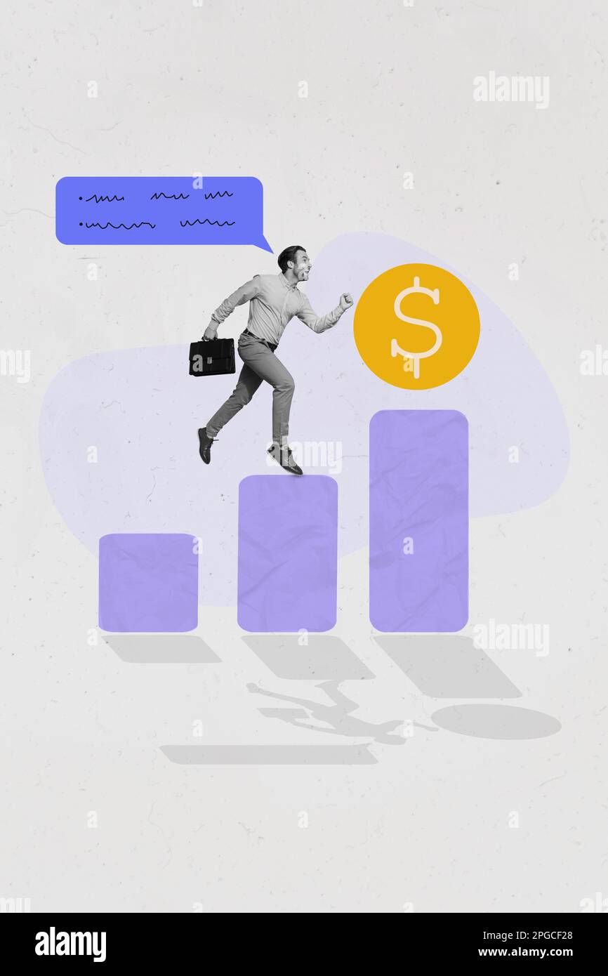 Kreatives Promo-Banner Finanzunternehmen wachsende Karriere Geschäftsmann führt Charts Erfolg Start Manager End ceo Unternehmen isolierte grauen Hintergrund Stockfoto