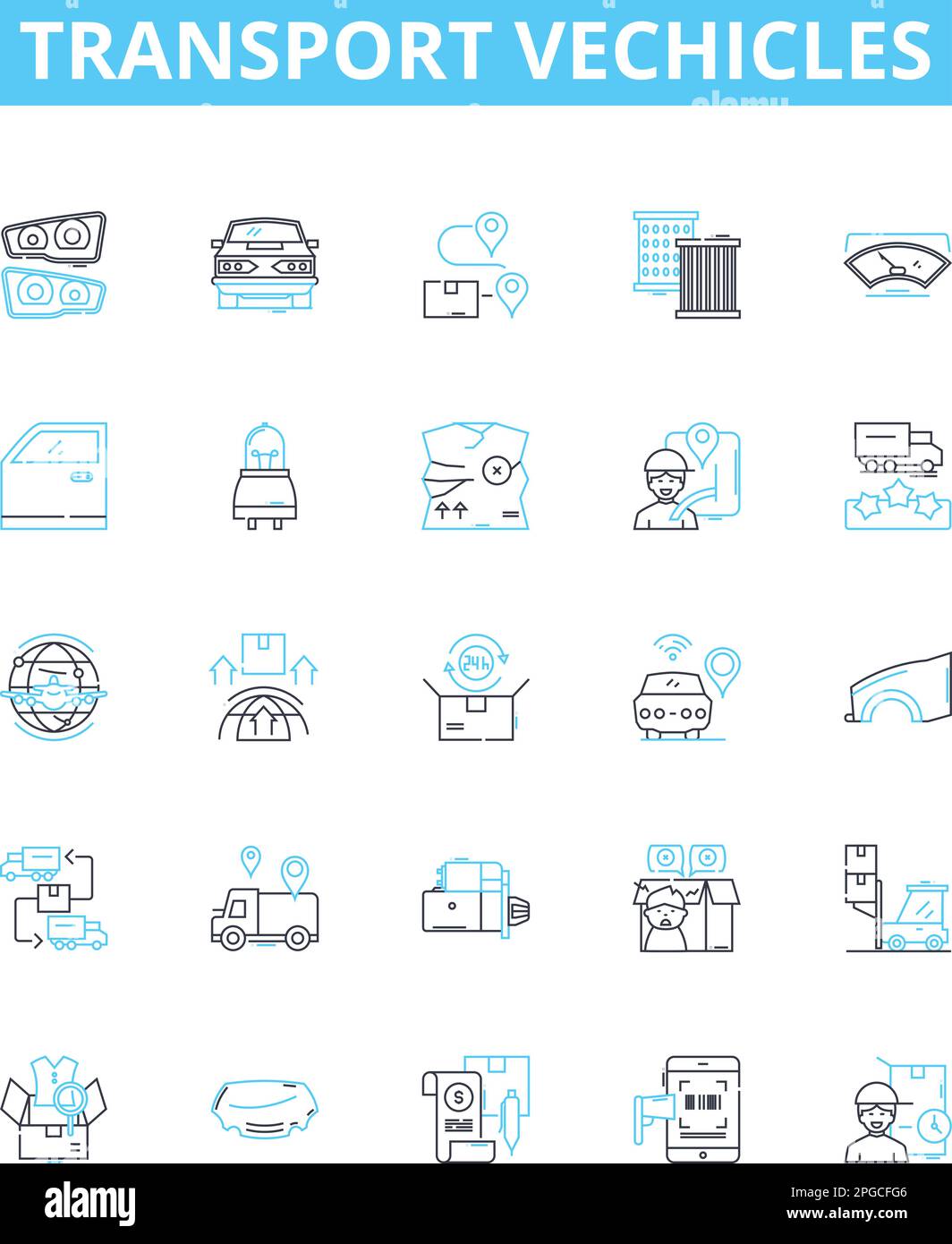 Symbole für Vektorlinien für Transportfahrzeuge festgelegt. Auto, Bus, Lkw, Van, Flugzeug, Darstellung von Booten und Motorrädern, umreißt Symbole und Schilder Stock Vektor