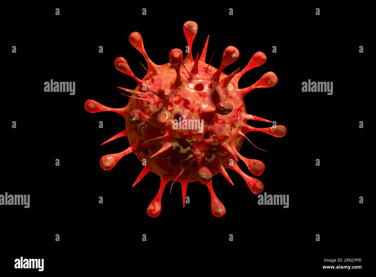 Mutierte Virusvariante, 3D-Darstellung des neuen Coronavirus-Stammes vor schwarzem Hintergrund. Stockfoto
