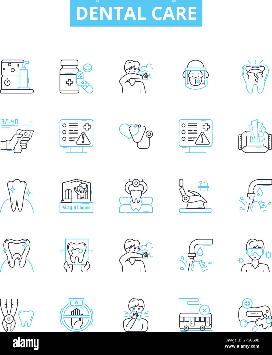 Zahnpflege-Vektorliniensatz. Zahnheilkunde, Mundheilkunde, Zähne, Hygiene, Putzen, Zahnseide, Füllungen Illustration umreißt Konzeptsymbole und -Zeichen Stock Vektor