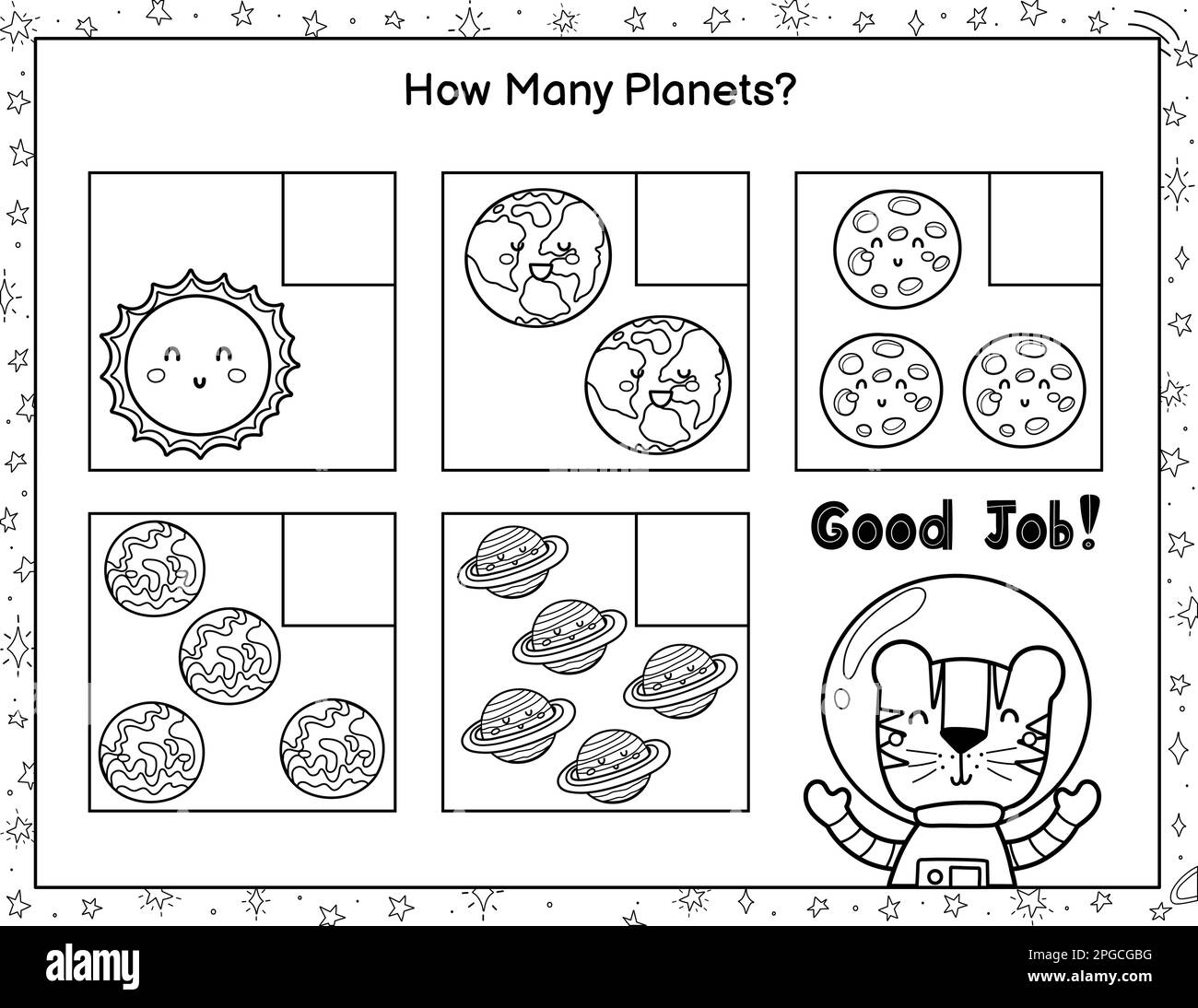 Wie viele Planeten siehst du? Schwarz-weiß Mathematiklabyrinth für Kinder Stock Vektor
