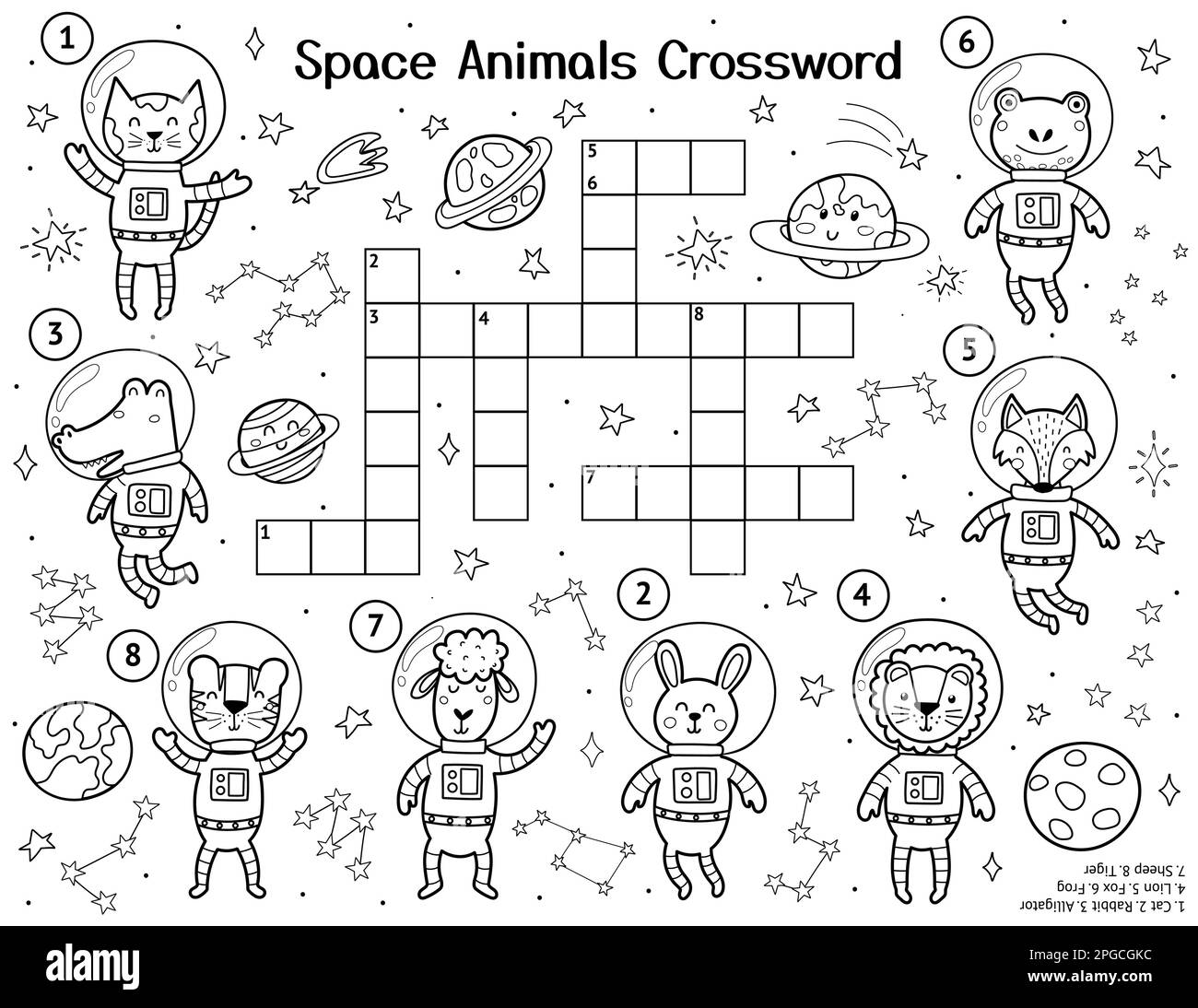 Weltraumtiere Kreuzworträtsel mit niedlichen Figuren. Aktivitätenseite für Schwarzweiß-Bereiche Stock Vektor