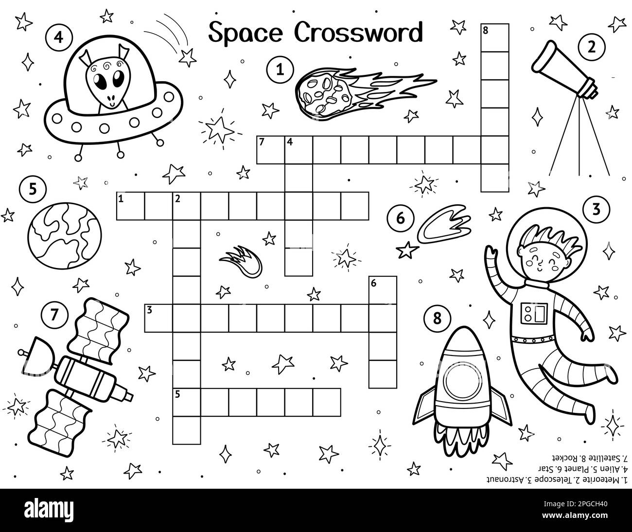 Kreuzworträtsel für Kinder mit niedlichen Figuren aus dem Weltraum. Aktivitätenseite für Schwarzweiß-Bereiche Stock Vektor