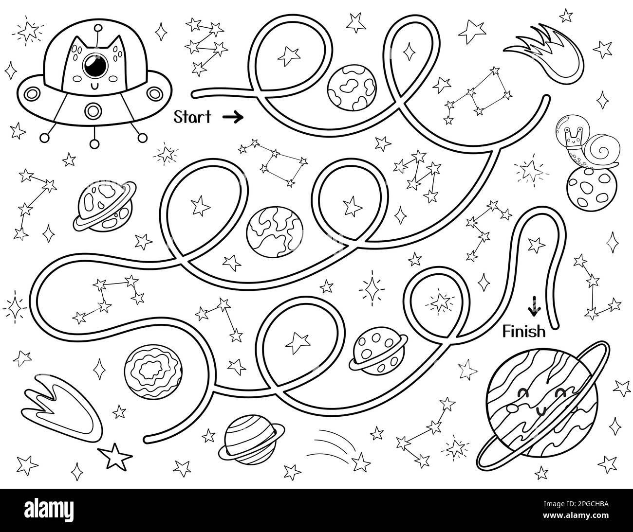 Schwarz-Weiß-Labyrinth für Kinder. Hilf einem süßen Außerirdischen in einer fliegenden Untertasse, den Weg zum Planeten zu finden Stock Vektor