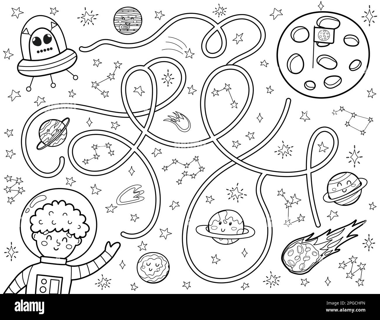Schwarz-Weiß-Labyrinth für Kinder. Hilf einem süßen Astronauten, den Weg zum Mond zu finden Stock Vektor