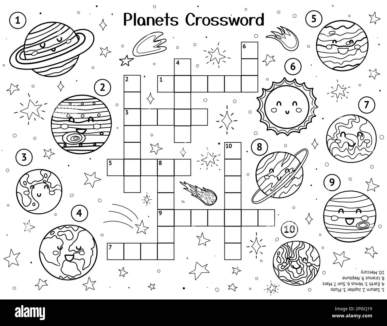 Sonnensystem Kreuzworträtsel mit süßen Planeten. Schwarze und weiße Spielseite für Kinder Stock Vektor