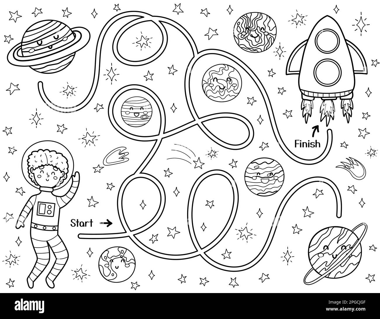 Schwarz-Weiß-Labyrinth für Kinder. Hilf einem süßen Astronauten, den Weg zur Rakete zu finden Stock Vektor