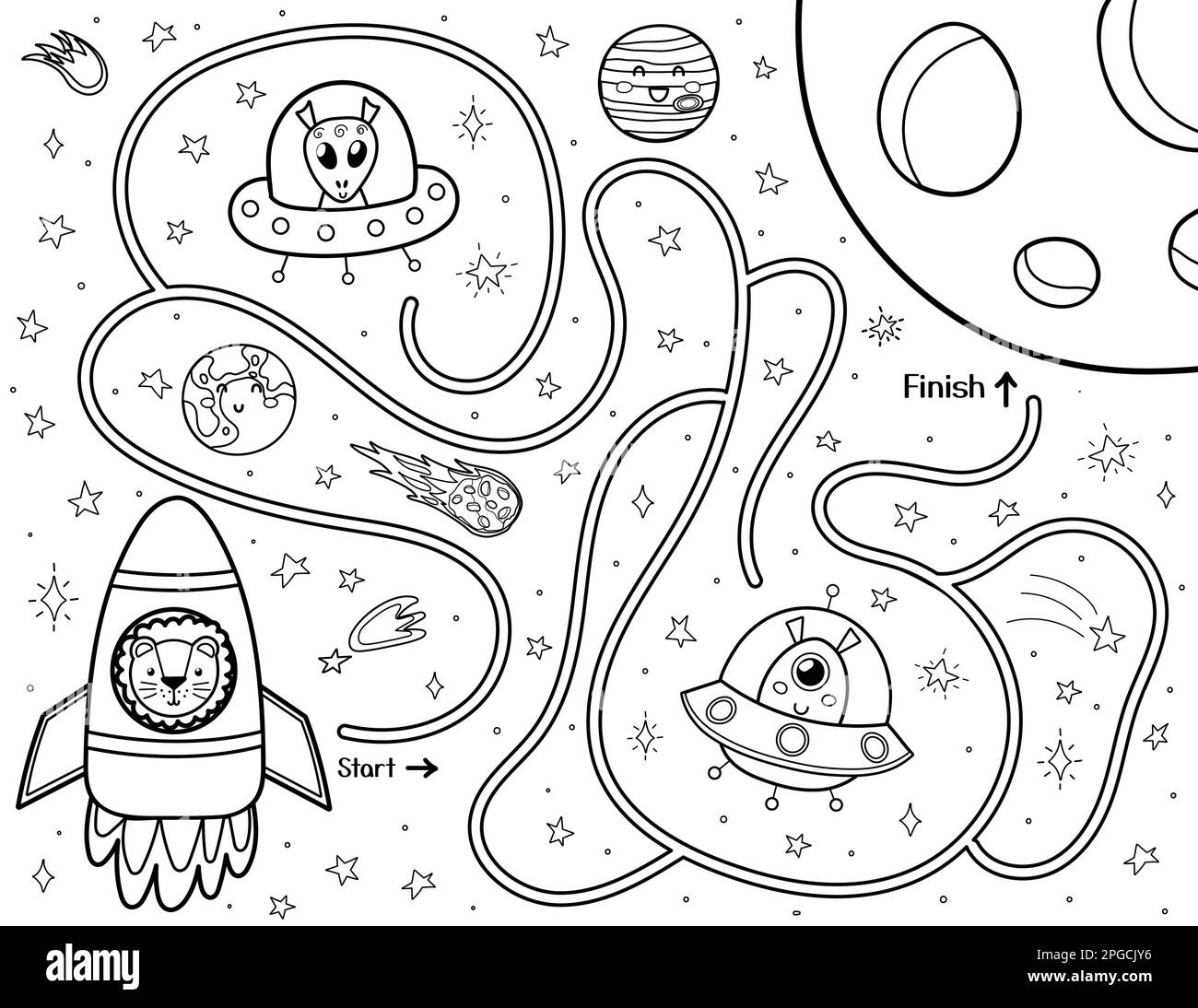 Hilf einem süßen Löwen in einer Rakete, den Weg zum Mond zu finden. Schwarz-Weiß-Labyrinth für Kinder Stock Vektor