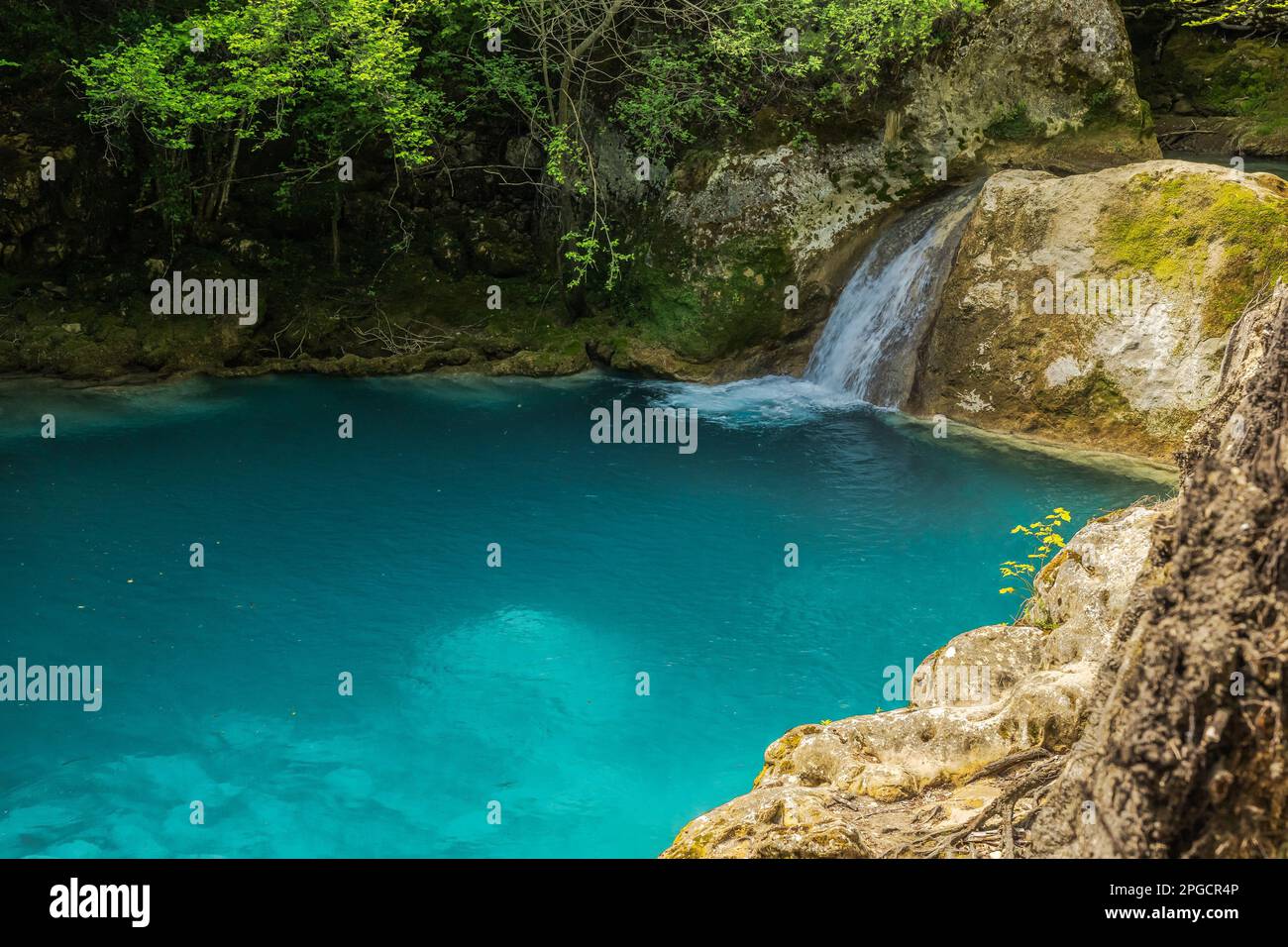 Kleiner Wasserfall, der in einen blauen See fließt, umgeben von Felsen und grünen Bäumen, die an sonnigen Tagen im Wald wachsen Stockfoto