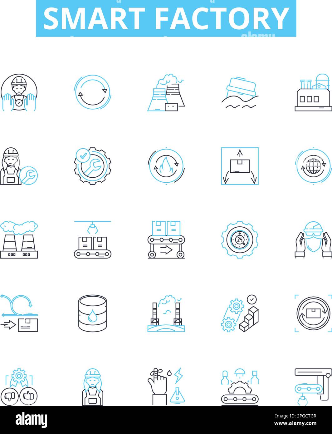 Intelligente werkseitige Vektorlinien-Symbole eingestellt. Intelligent, Fabrik, Automatisierung, Digital, IoT, Intelligent, Fertigungsdarstellung umrissen Konzeptsymbole und Stock Vektor