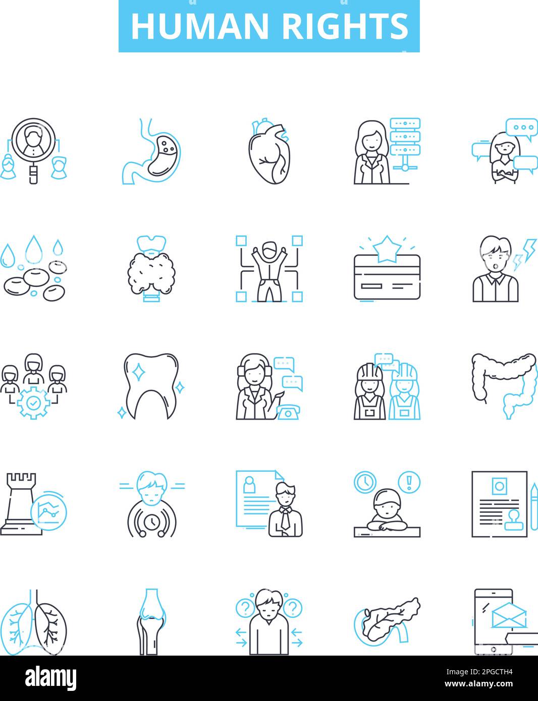 Symbole für Menschenrechtsvektorlinien gesetzt. Gleichheit, Würde, Respekt, Freiheit, Gerechtigkeit, Fairness, Equity Illustration umreißen Konzeptsymbole und -Zeichen Stock Vektor