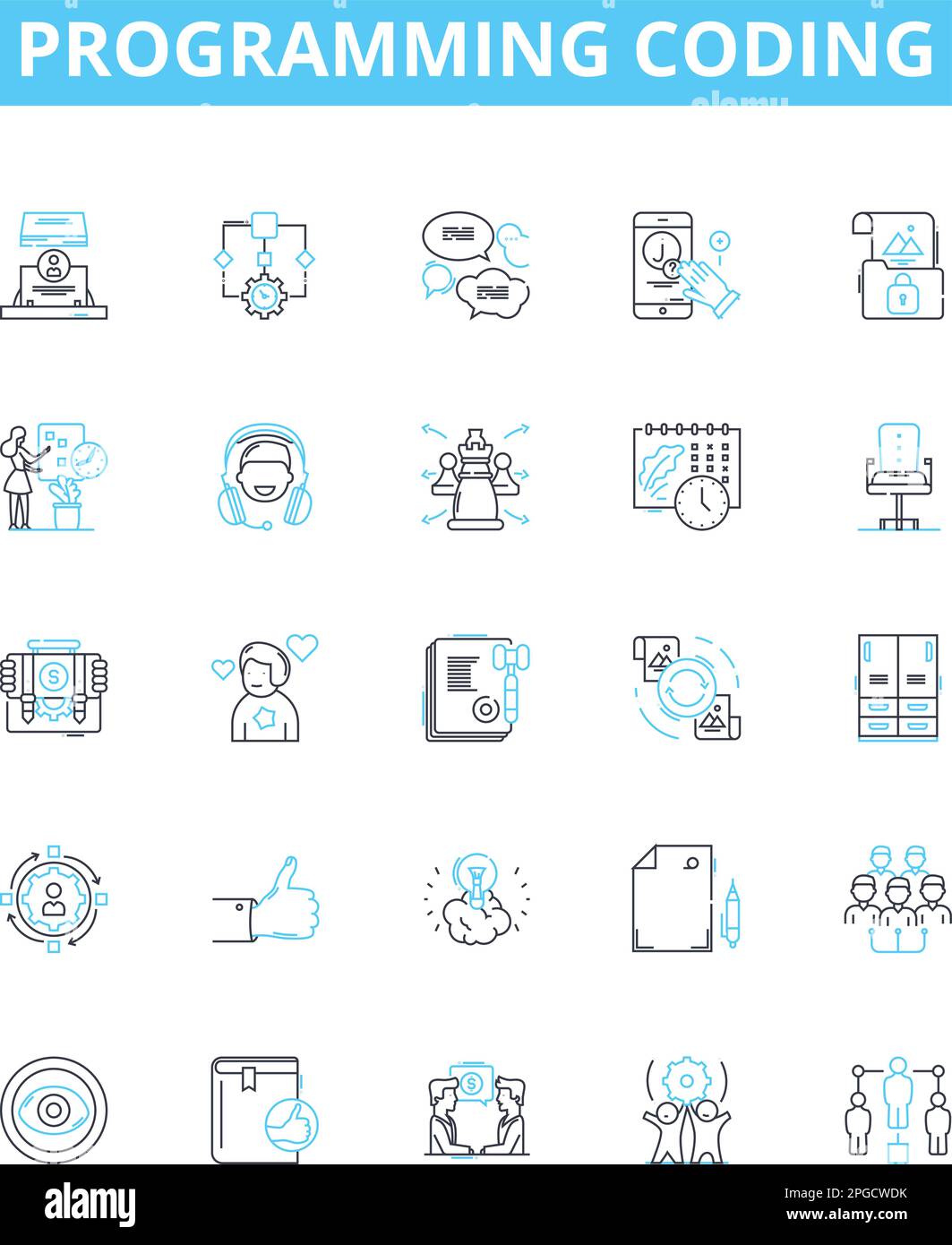 Programmieren der Codierung der Vektorliniensymbole eingestellt. Programmierung, Programmierung, Skripterstellung, Programmiersprache, Programmierkenntnisse, Codierungsalgorithmen, Codierungsstruktur Stock Vektor