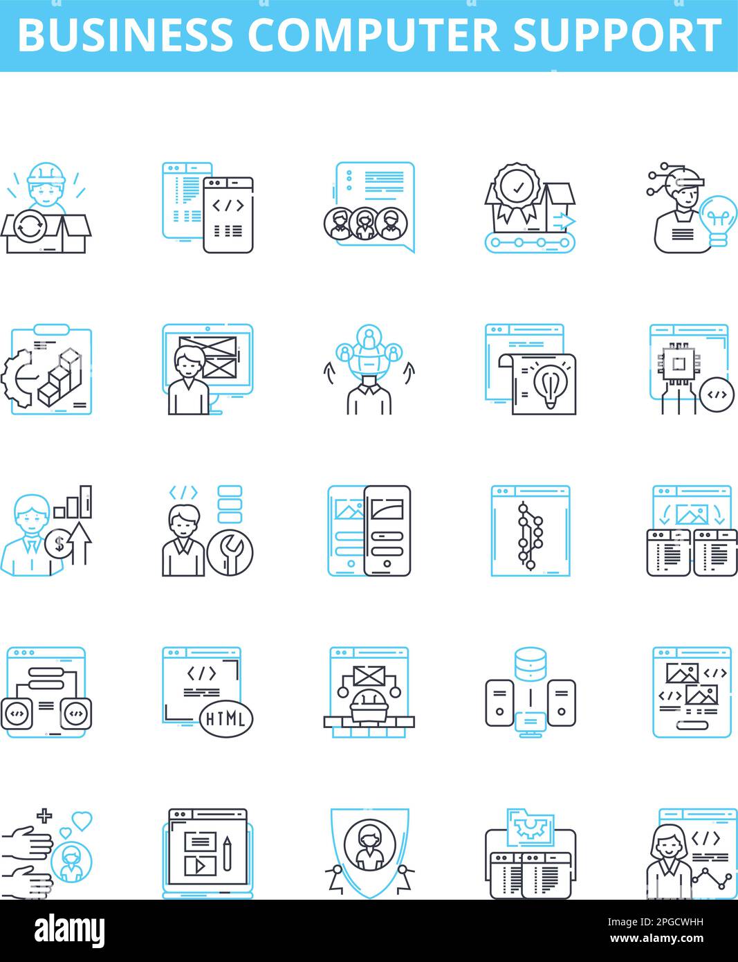 Vektorliniensymbole für Business-Computer werden eingestellt. IT, Support, Business, Computer, Technik, Netzwerk, Beratung Darstellung der Konzeptsymbole Stock Vektor