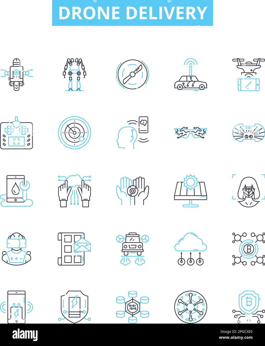 Drohnen-Vektorlinien-Symbole gesetzt. Drohne, Lieferung, Luftfahrt, Autonom, Versand, Darstellung von Service und Logistik zeigt Konzeptsymbole und -Schilder Stock Vektor