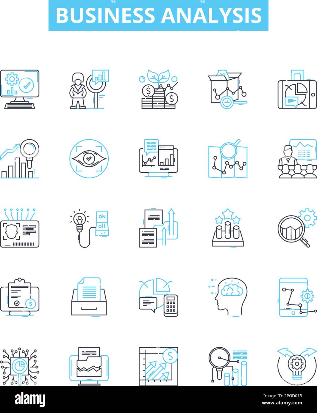 Symbole für Vektorlinien der Geschäftsanalyse festgelegt. Business, Analyse, Strategie, Prozess, System, Risiko, Marktdarstellung, Konzeptsymbole und -Zeichen Stock Vektor