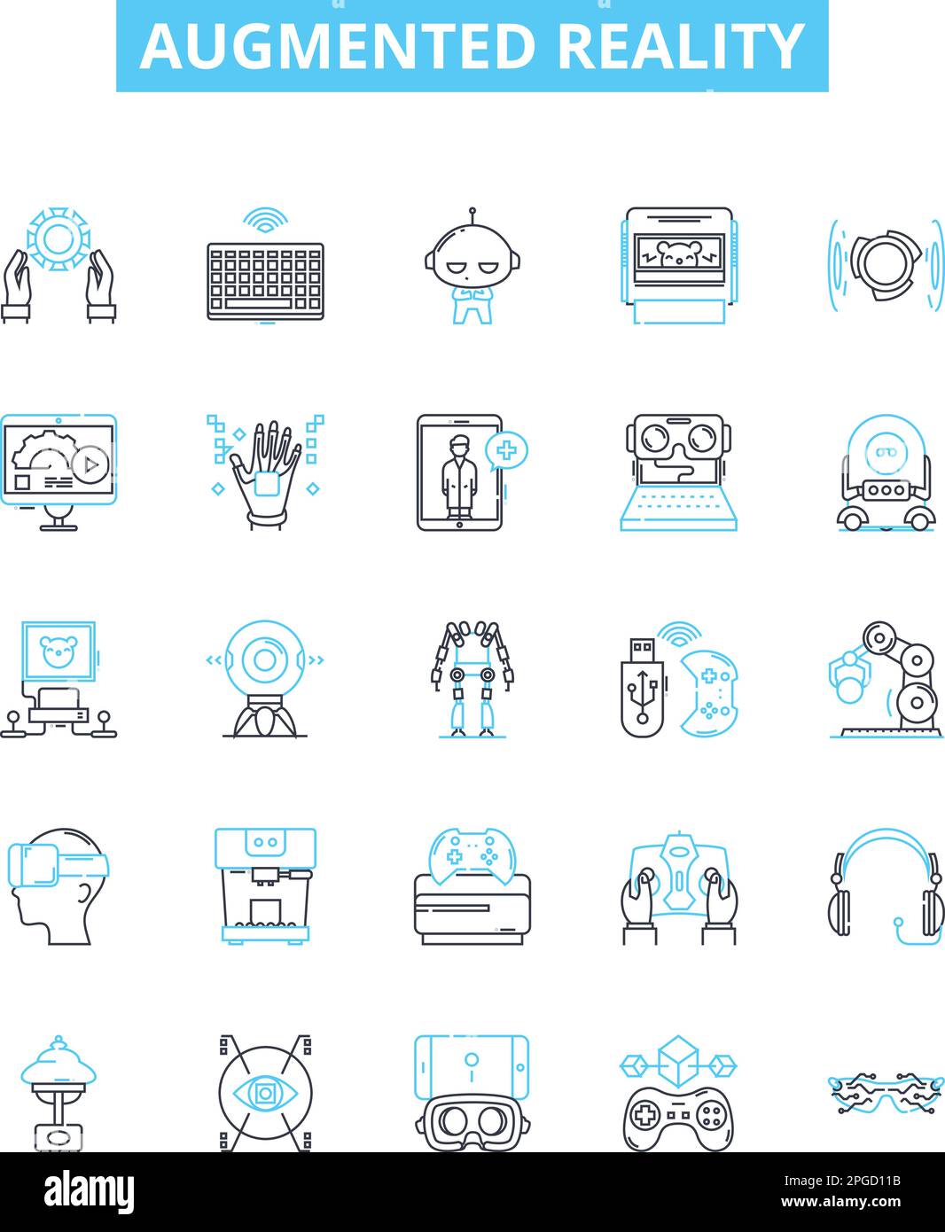 Symbole für Vektorlinien der erweiterten Realität eingestellt. Augmented, Reality, AR, 3D, Mixed, Virtuelle, interaktive Darstellung von Konzeptsymbolen und -Zeichen Stock Vektor