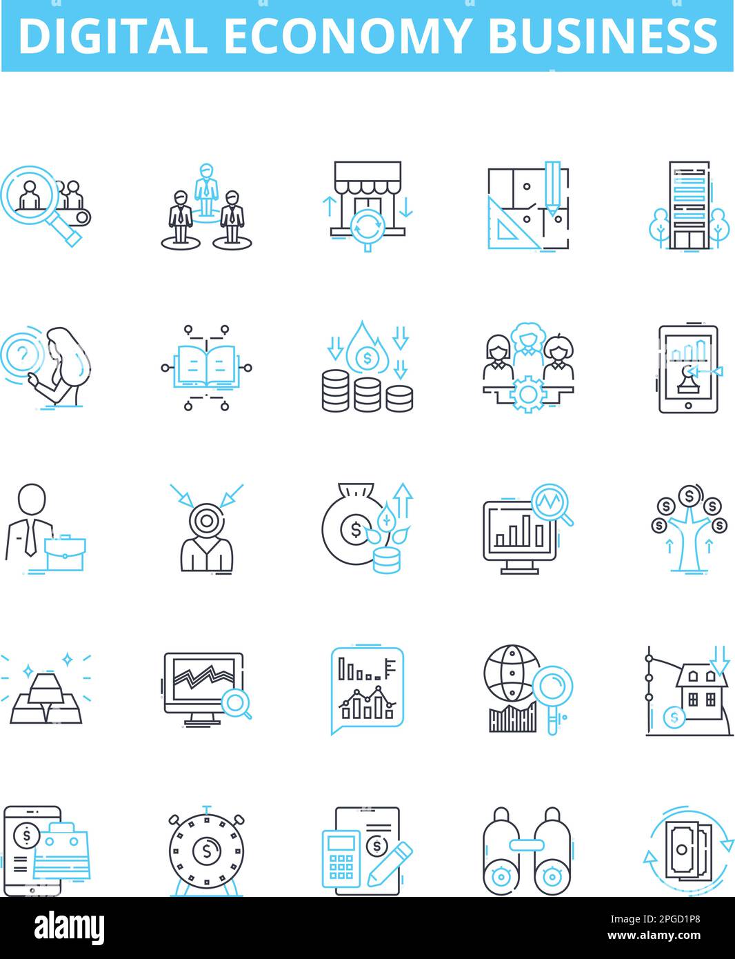 Symbole für Vektorlinien der digitalen Wirtschaft festgelegt. Digital, Wirtschaft, Unternehmen, eCommerce, Online, Abbildung Technologie, Services, Konzept Stock Vektor