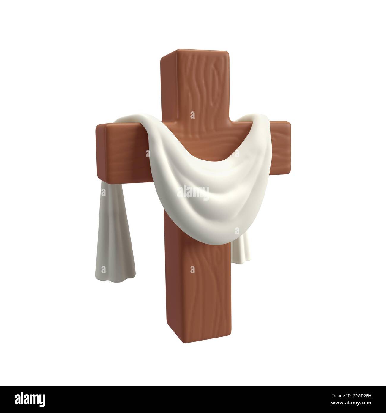 3D Ikone Holzkreuz mit weißem Stoff, Symbol der Auferstehung Jesu Christi. Er ist auferstanden. Osterwiederauferstehungsillustrierung. Die Schrift Stockfoto