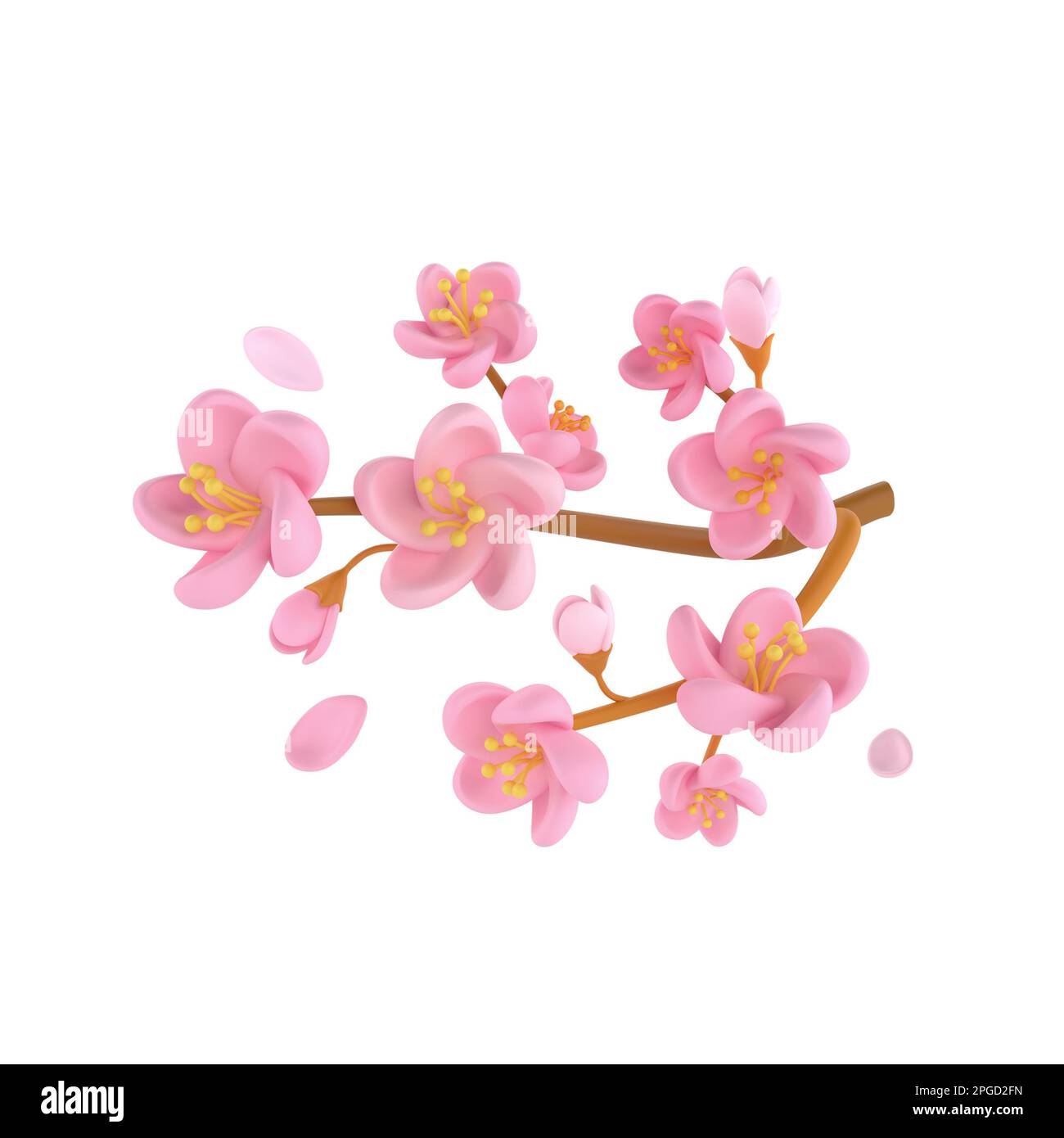 3D Symbol Darstellung der Zweigstelle Kirschblüte Sakura mit Frühling. Einfache und süße Blütenblätter isoliert auf weißem Hintergrund mit Schnittpfad Stockfoto