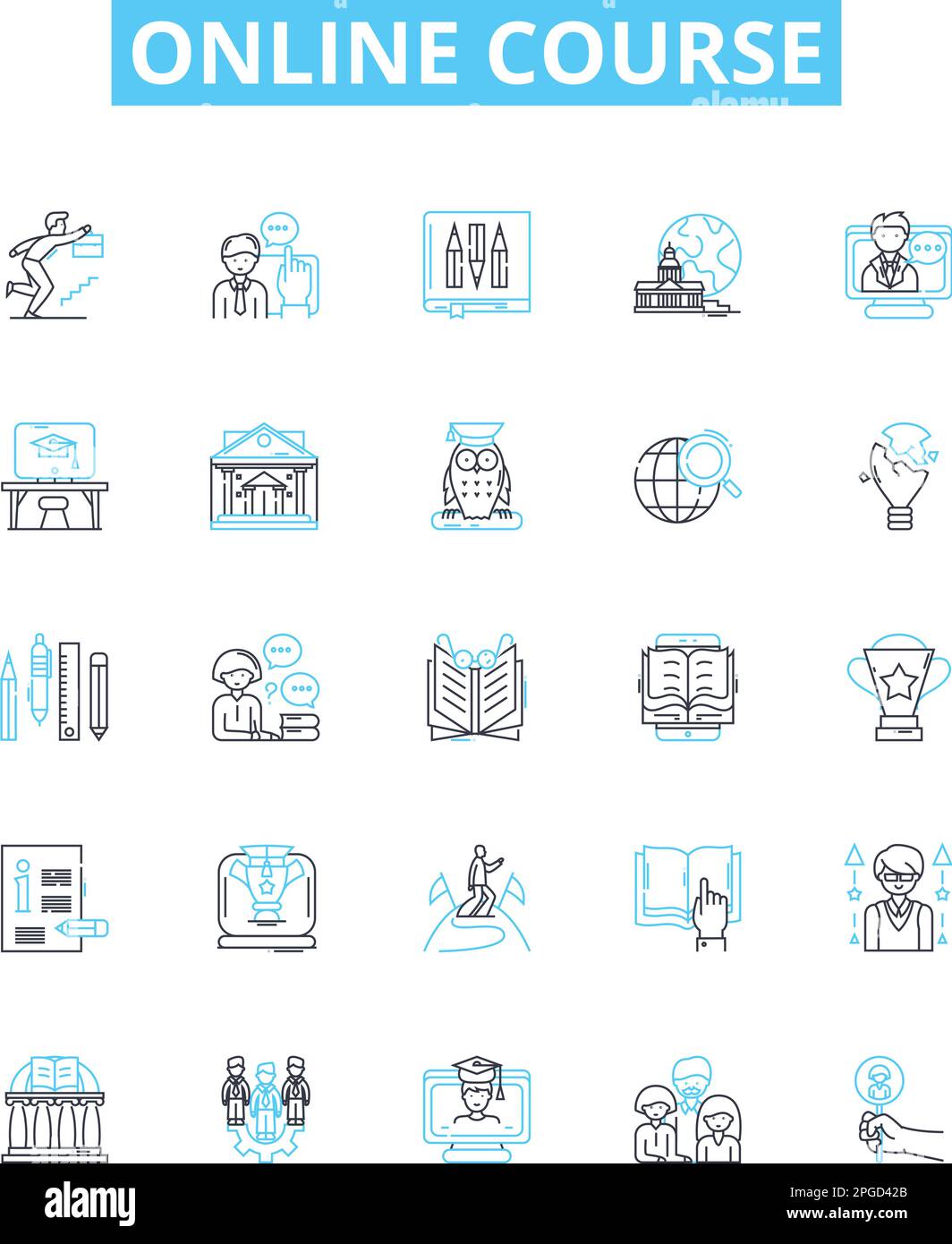Vektorliniensymbole für Online-Kurse festgelegt. E-Learning, Webinar, Tutorials, MOOC, Schulung, Workshop, Zertifizierungsanweisung umrissen Konzeptsymbole und Stock Vektor