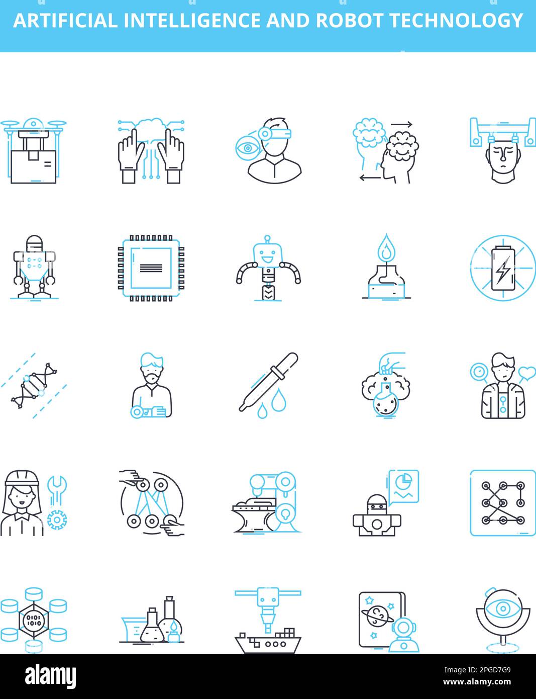 Vektorlinien-Symbole für künstliche Intelligenz und Robotertechnologie gesetzt. KI, Roboter, Technologie, Automatisierung, maschinelles Lernen, Neuronale Netzwerke, Natürlich Stock Vektor