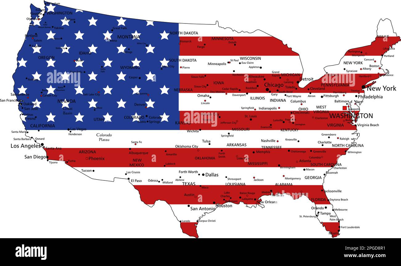 Die Vereinigten Staaten von Amerika sind eine sehr detaillierte politische Karte mit nationaler Flagge. Stock Vektor