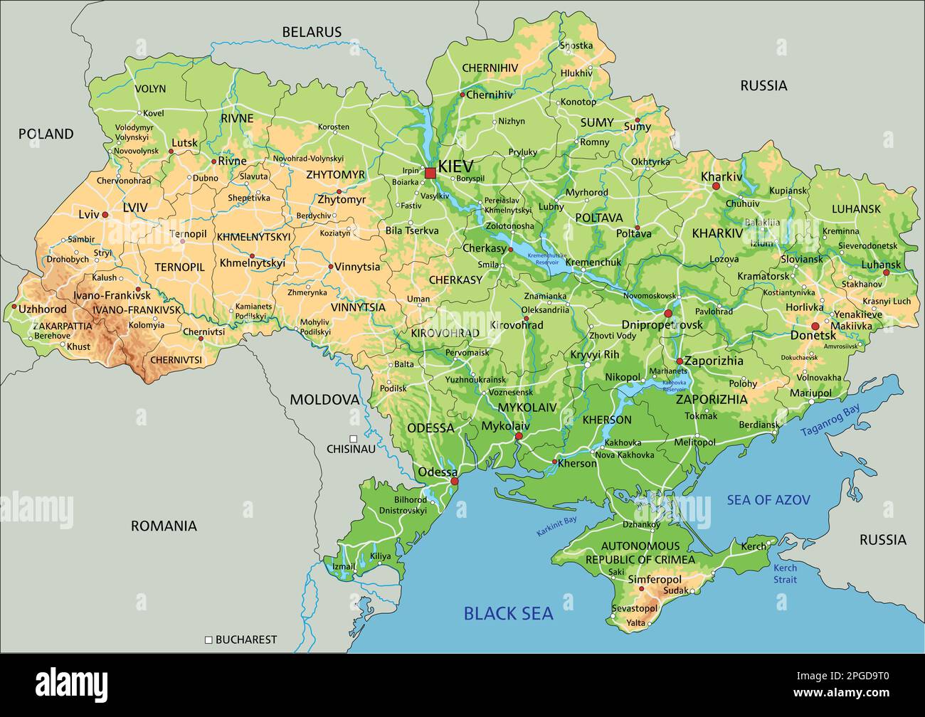 Hochdetaillierte physische Karte der Ukraine mit Beschriftung Stock ...