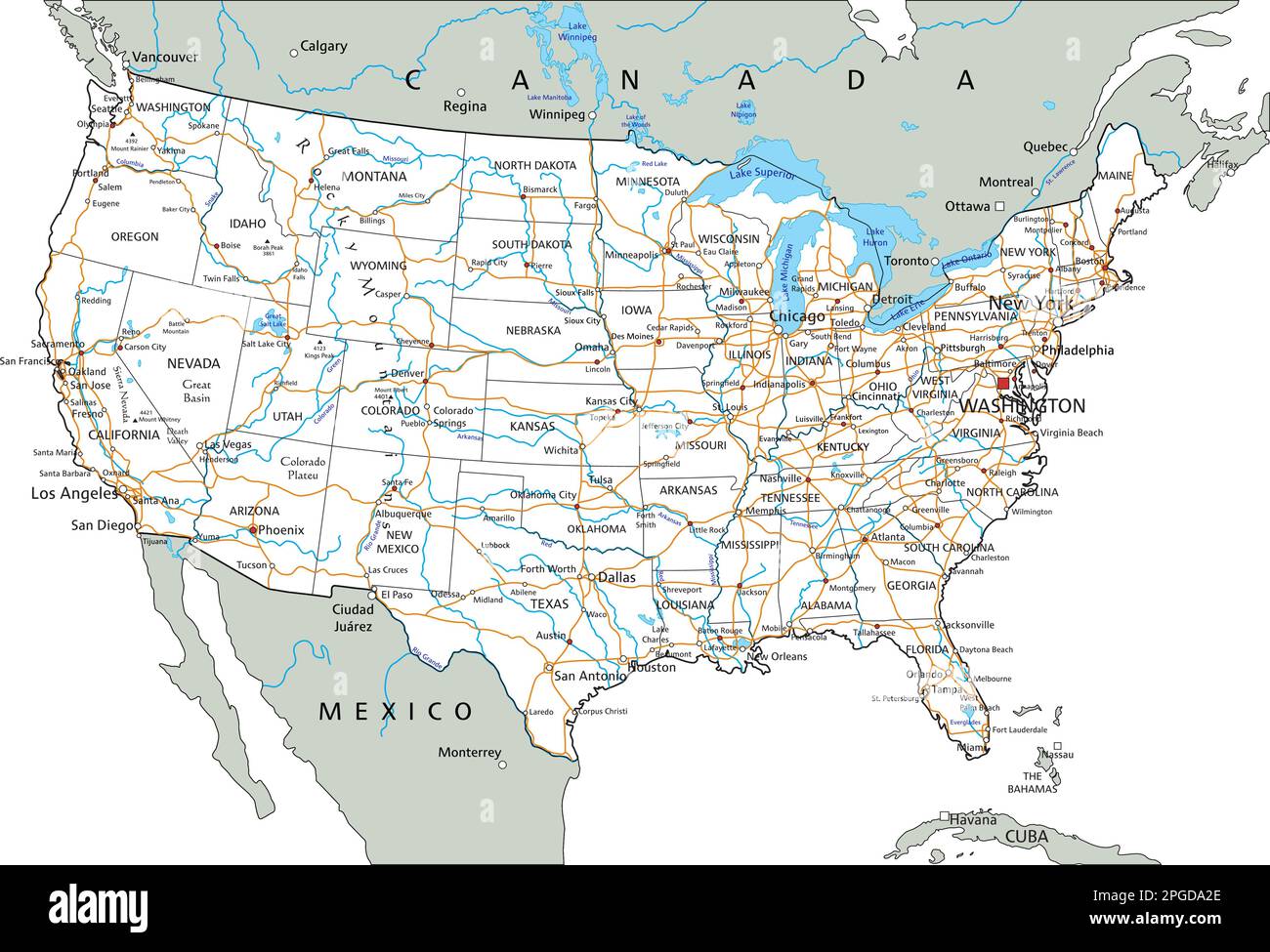 Detaillierte Roadmap der Vereinigten Staaten von Amerika mit Kennzeichnung. Stock Vektor