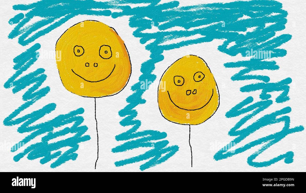 Kindische Zeichnung von lächelnden Gesichtern in Gelb und Blau. Lustige gelbe Blasen am Himmel. Stockfoto