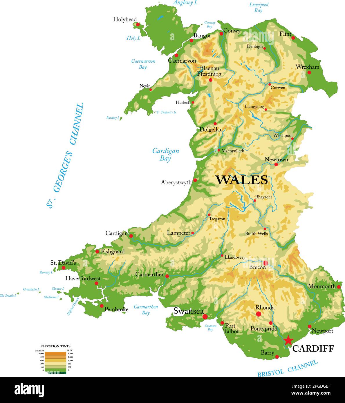 Sehr detaillierte physische Karte von Wales, im Vektorformat, mit allen Reliefformen, Regionen und Großstädten. Stock Vektor