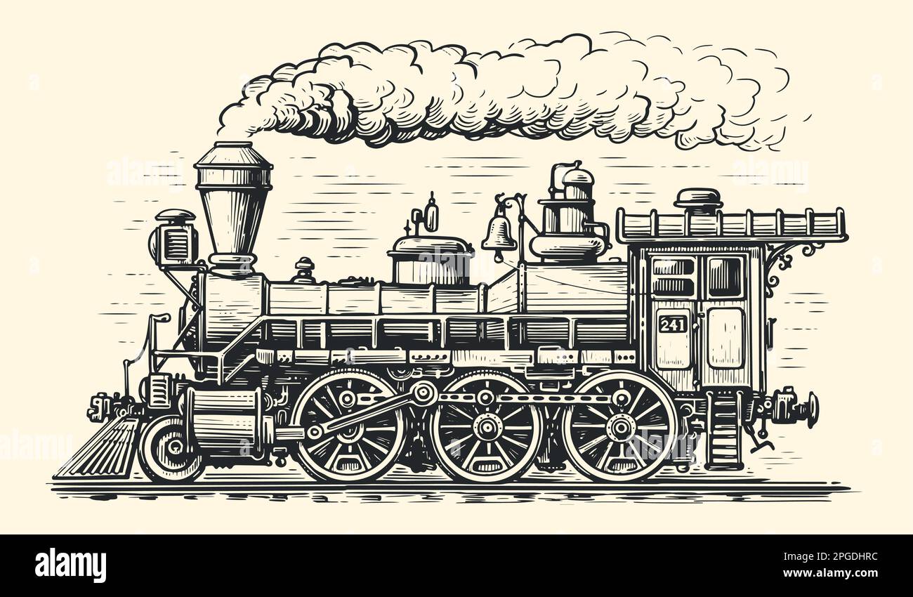 Handgezeichneter fahrender Retro-Zug, Skizze. Vintage-Dampflokomotiventransport im Stil alter Gravuren. Vektordarstellung Stock Vektor