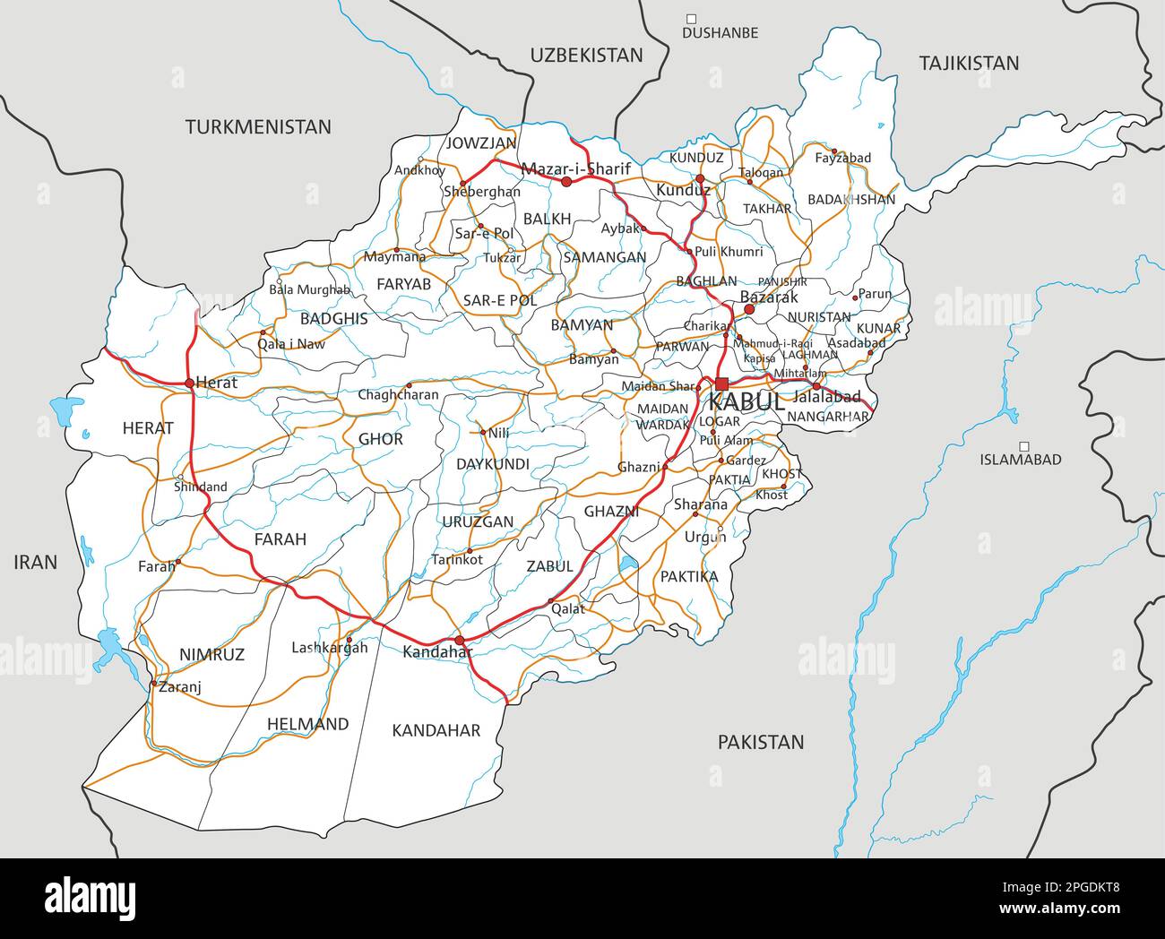 Hochdetaillierte Afghanistan-Roadmap mit Kennzeichnung. Stock Vektor