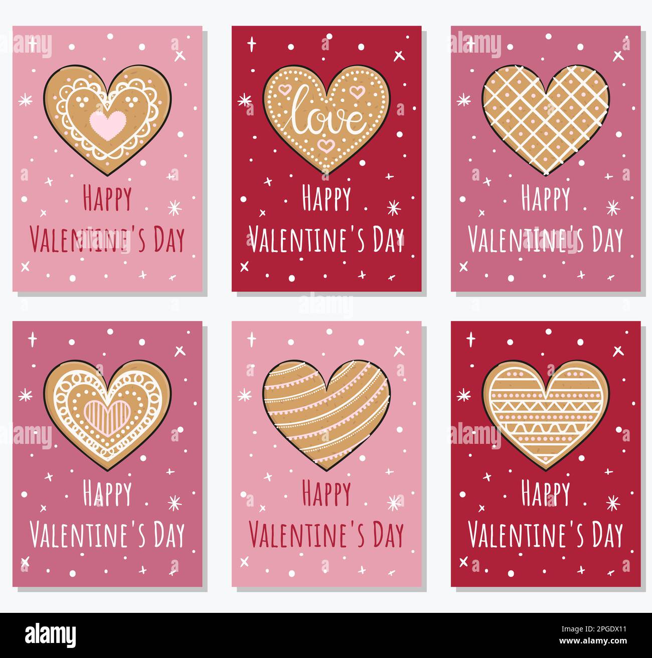 Glückwunschkarten zum Valentinstag mit Lebkuchen-Herzkeksen. Verschiedene Arten von Lebkuchenherzen mit Glasur für Banner, Poster oder Grußkarten. Ha Stock Vektor