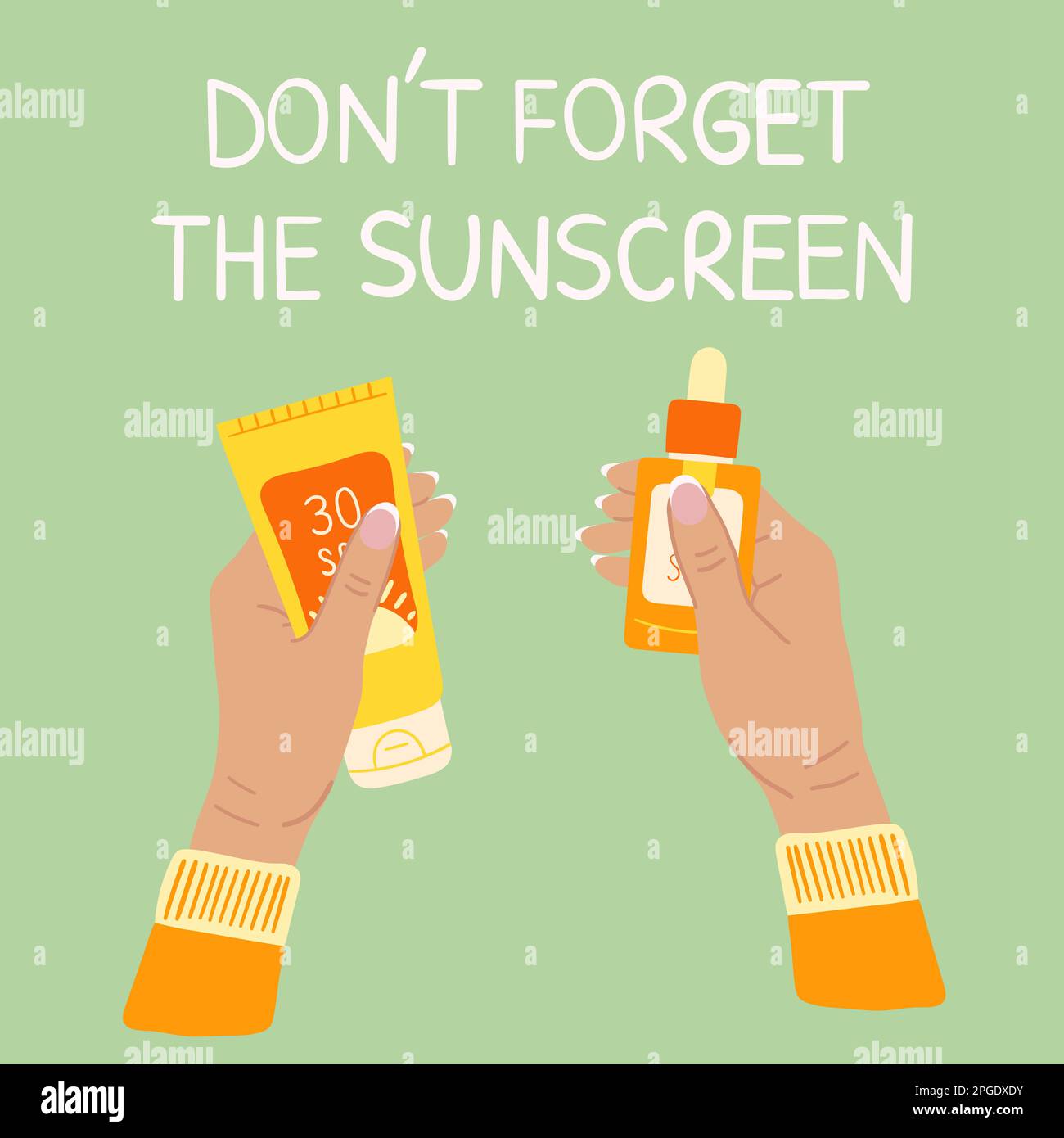 Set aus Sonnenschutzflaschen, Röhrchen mit unterschiedlichem LSF von 30 bis 50 in weiblichen Händen. Vergessen Sie nicht den Sonnenschutz und den Sonnenschutz. Sumer-Poster. Stock Vektor
