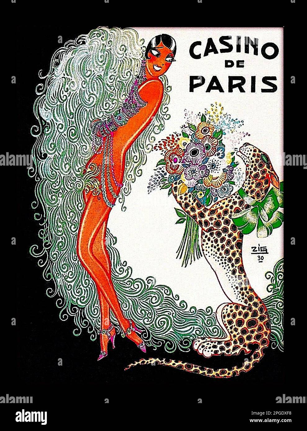 Louis Gaudin Posterkunst - Josephine Baker im Casino de Paris wird mit einem Blumenstrauß von einem Leoparden präsentiert - 1930 Stockfoto