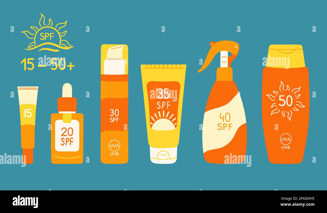 Set aus Sonnenschutzflaschen, Röhrchen mit unterschiedlichem LSF von 15 bis 50 ml. Sonnenschutzmittel und Sonnenschutz. Sonnencreme, Lotion, isolierte Sammlung. Ha Stock Vektor