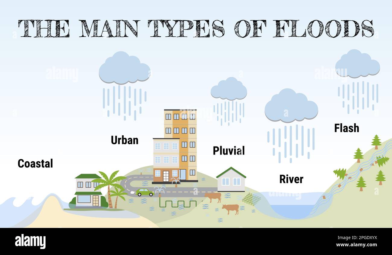 Die wichtigsten Arten von Überschwemmungen. Infografik zu Überschwemmungen. Überschwemmung Naturkatastrophe mit Regen, Wettergefahr. Häuser, Autos, Bäume bedeckt mit Wasser. Global Stock Vektor
