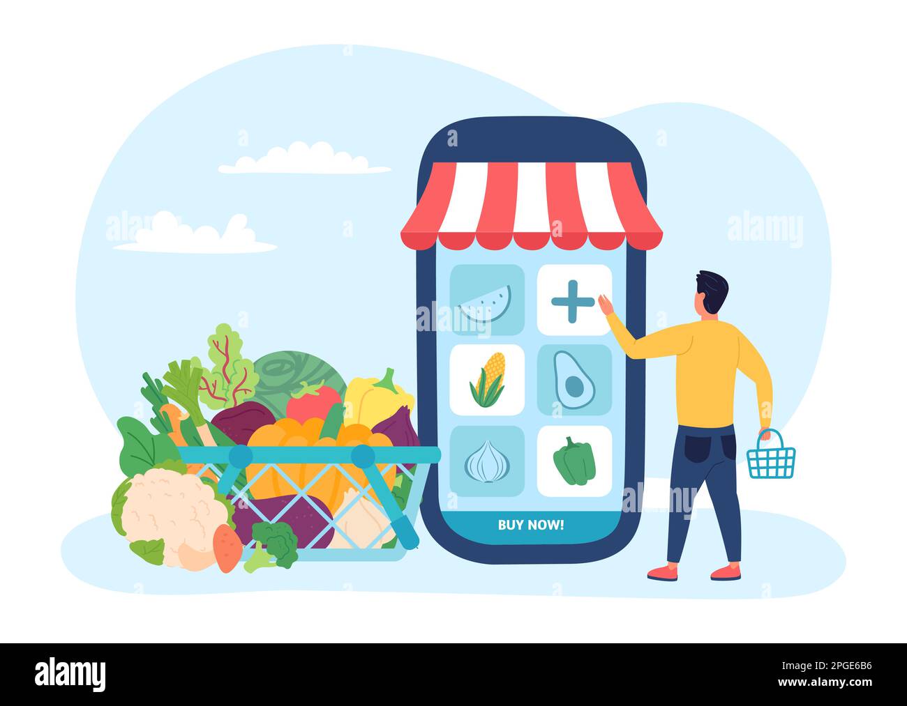 Online-Einkauf von Bio-Lebensmitteln auf dem Smartphone. Vektor von Online-Lebensmitteln, Frischmarkt und Geschäft, Lieferung von Illustrationen Stock Vektor