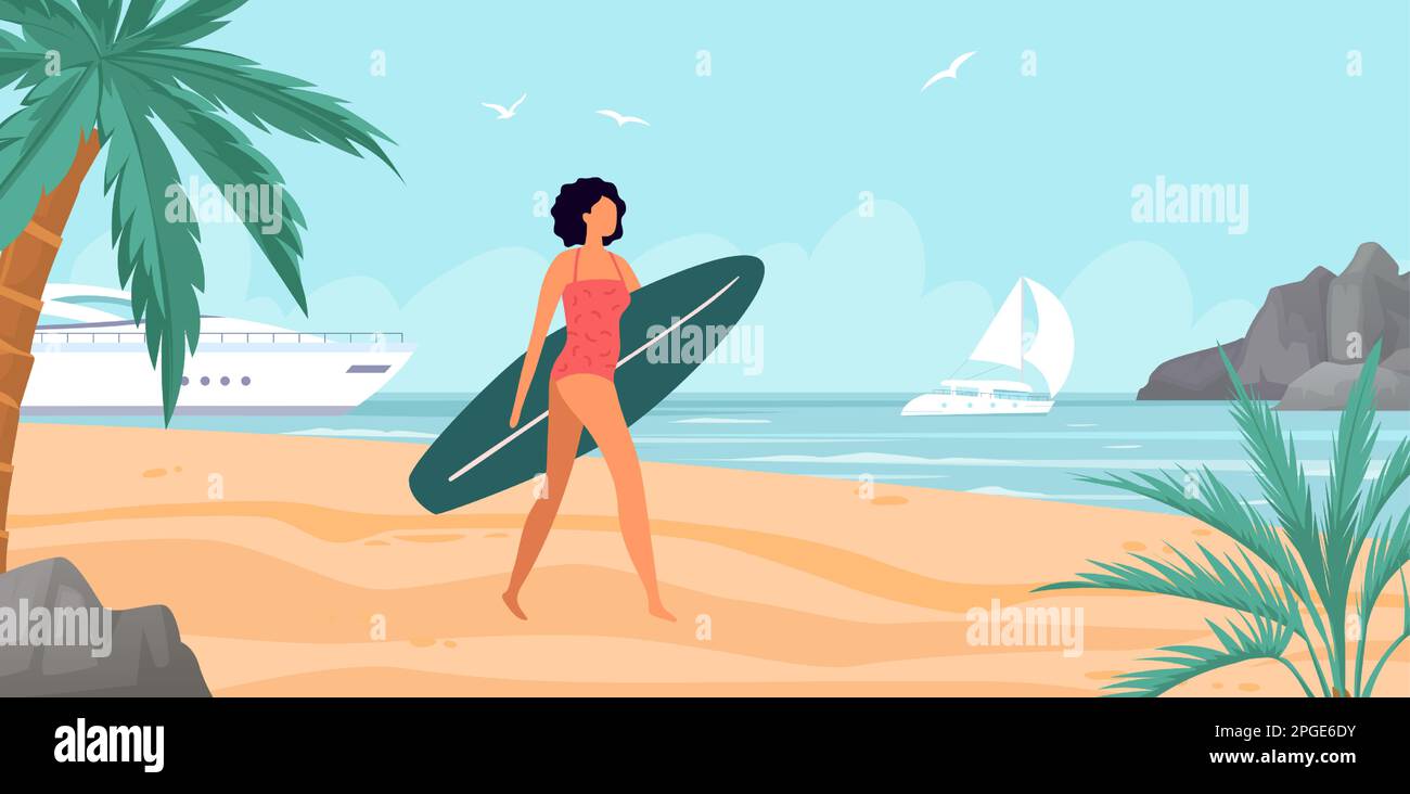 Sommeraktivität im Meer, Mädchen mit Surfbrett am Strand. Vektor des Surfbretts Meer, Sommerstrand, Mädchen gehen aufs Meer, Surfer und Surfen Urlaub Illustration Stock Vektor