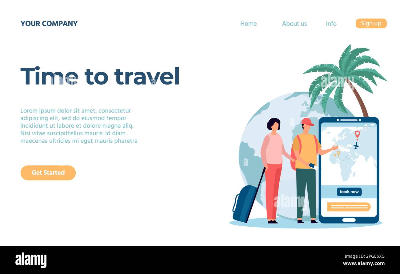 Landing-Page-Agentur für Reisezeit. Vektor des Reisebüros, Reise- und Tourismusseite, Konzept der Reisevorlagenabbildung Stock Vektor