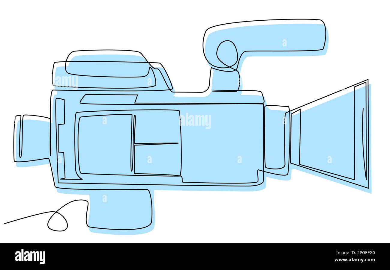 Filmkamera in einer Zeile mit blauer Silhouette auf weißem Hintergrund. Stock Vektor