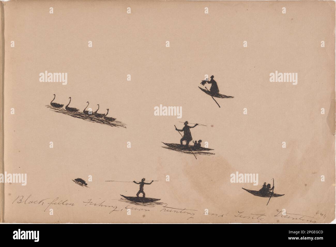 Angeln, Schwanenjagd und Schildkrötenjagd - Sketchbook über Aktivitäten der Aborigines c.1890 von Tommy McRae Stockfoto