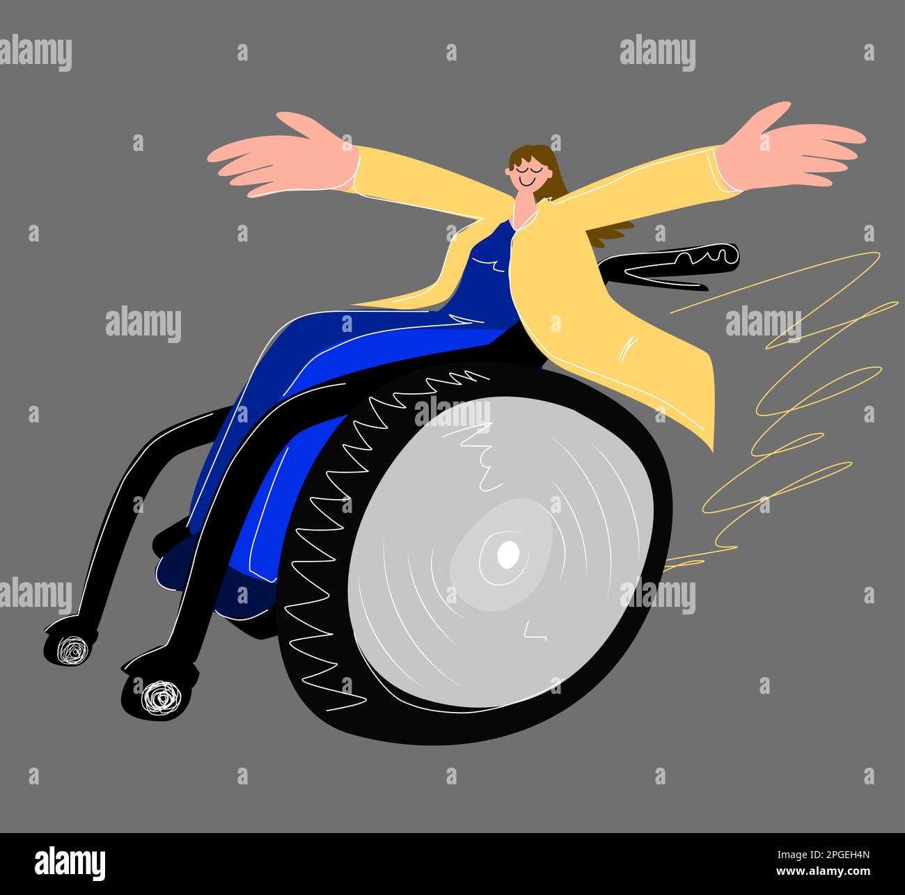 Ein Mädchen im Rollstuhl mit ausgestreckten Armen ist glücklich, lächelt und genießt das Leben. Der Begriff des zufriedenen Menschen mit Behinderungen. Rohteil Vektorbild Stock Vektor